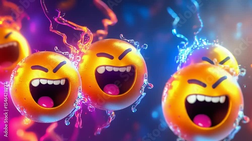Colorful animated emojis expressing joy and excitement against a vibrant, abstract background