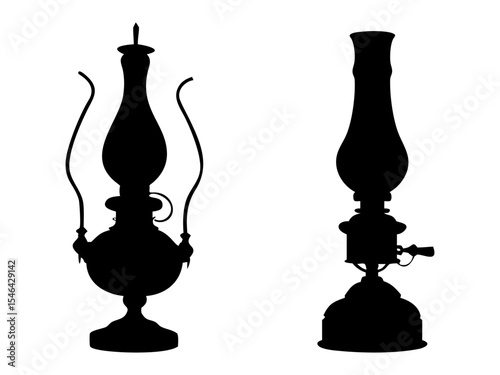 Set of old oil lamp full black silhouette vector illustration design