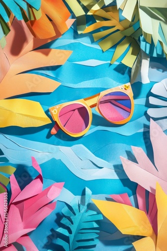 A vibrant paper collage showcases stylish sunglasses surrounded by cheerful, colorful paper leaves, evoking the spirit of a trendy summer vacation in a playful aesthetic