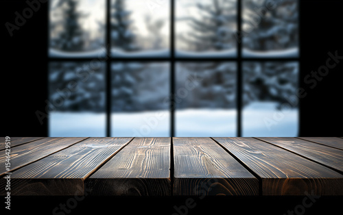 Winter window wooden table background wood snow scene