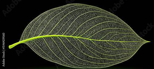 Green leaf skeleton on black background nature delicate detail