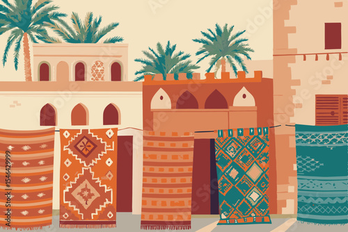 Vibrant Marrakech street scene; colorful patterned rugs hang from shop fronts, showcasing traditional Moroccan textile artistry.