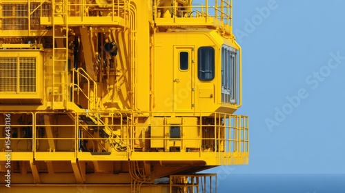 A close-up of a yellow offshore platform structure against a clear blue sky, showcasing intricate details and safety features, Ideal for articles on oil extraction, engineering