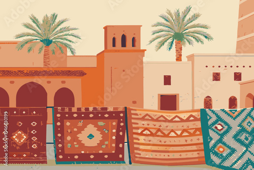 Vibrant Marrakech street scene; colorful patterned rugs hang from shop fronts, showcasing traditional Moroccan textile artistry.