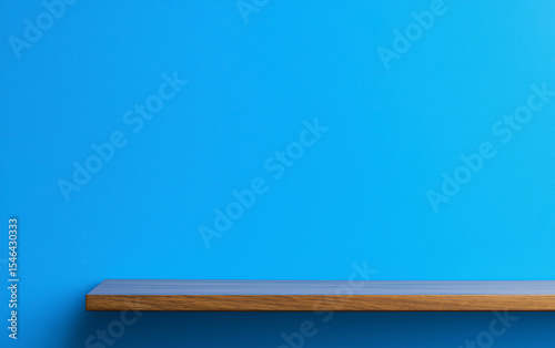 Empty wooden shelf on blue wall background wood minimal simple
