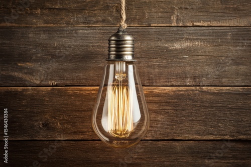 A vintage glowing light bulb hanging from a wooden wall, emitting a warm and cozy light.