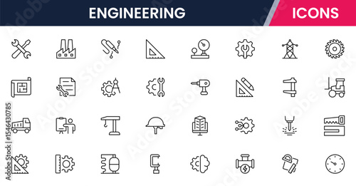 Vector illustration web line icon collection for engineering tools, blueprints, gears, and technical symbols in a precise, modern, and innovative design style.