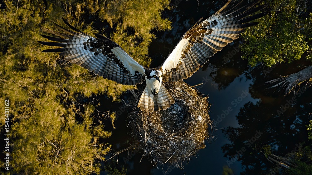 Fototapeta premium Osprey in flight above its nest