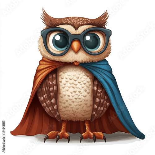 Superhero Owl in Cape and Glasses Cute Animal Image isolated on white background.