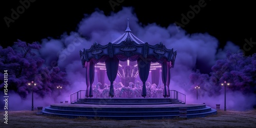 A magical and elegant carousel or gazebo on a stage, illuminated with purple light and surrounded by thick fog at night. Fantasy and mystery concept