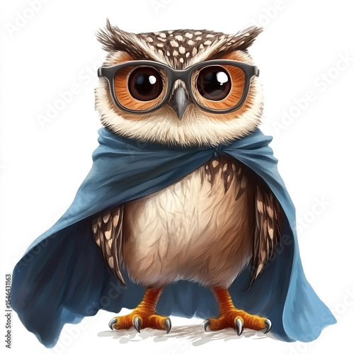 Superhero Owl in Cape and Glasses Cute Animal Image isolated on white background.