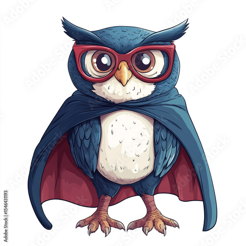 Superhero Owl in Cape and Glasses Cute Animal Image isolated on white background.
