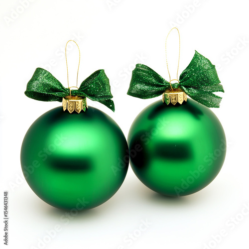 Two green Christmas baubles with ribbon bow on white background festive holiday decoration.
