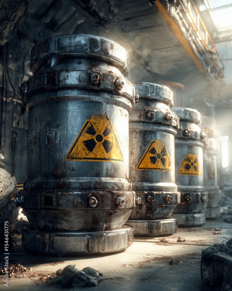 Naklejka premium Industrial Hazardous Waste Containers with Radiation Symbols