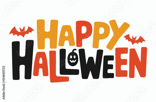  Colorful "Happy Halloween" Text with Bats and Pumpkin Cartoon