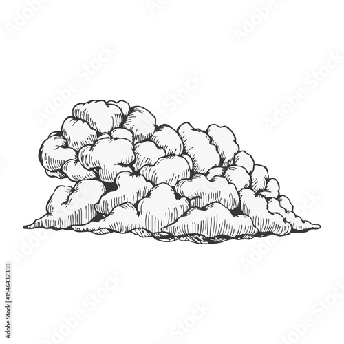 Hand drawn illustration of a dense cumulus cloud formation with detailed textures in black and white