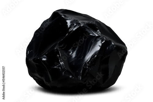 Black obsidian rock glistening on a transparent background, showcasing its smooth, glassy texture