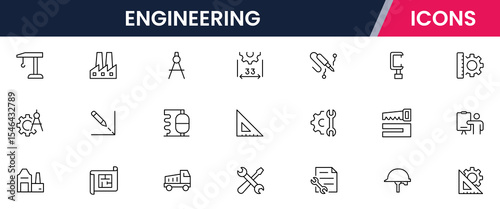 Vector illustration web line icon collection for engineering tools, blueprints, gears, and technical symbols in a precise, modern, and innovative design style.