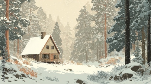 An atmospheric illustration of a lone, lit-up cabin in the snow at the edge of a vast, misty pine forest. Perfect for winter and solitude themes