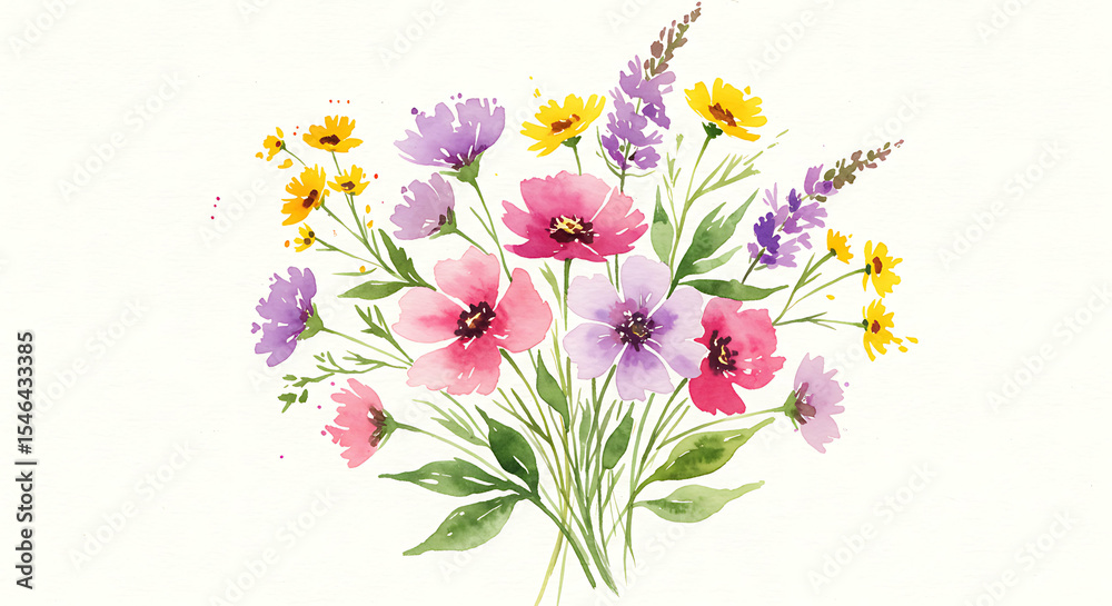 Naklejka premium Watercolor bouquet of wildflowers: A delicate blend of vibrant colors and nature's beauty