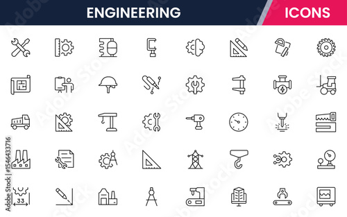 Vector illustration web line icon collection for engineering tools, blueprints, gears, and technical symbols in a precise, modern, and innovative design style.