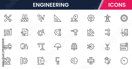 Vector illustration web line icon collection for engineering tools, blueprints, gears, and technical symbols in a precise, modern, and innovative design style.