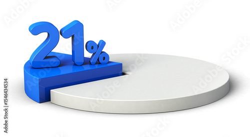 21% blue and white pie chart isolated on transparent background. 3d illustration.