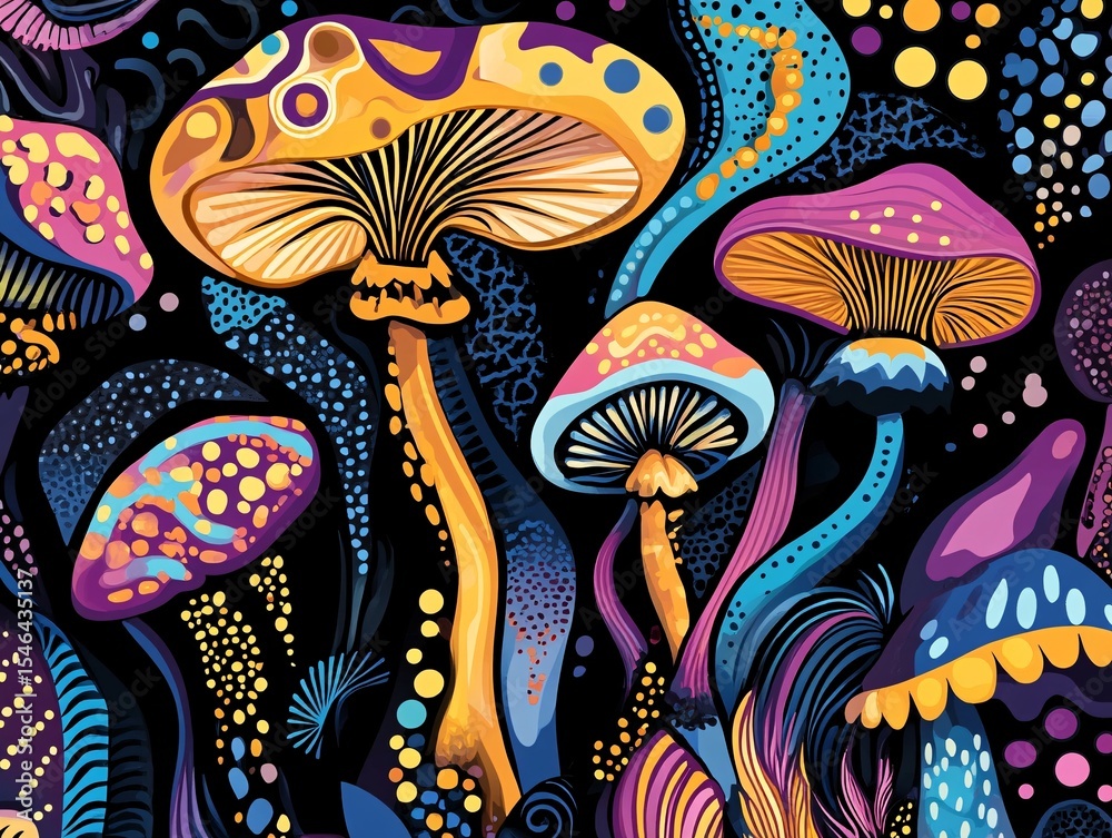 Obraz premium Psychedelic mushroom art display abstract gallery digital illustration colorful environment vibrant viewpoint