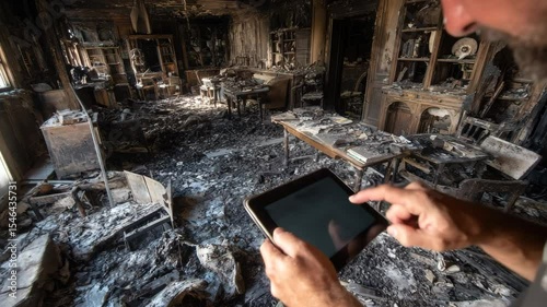 Insurance assessor evaluating fire-damaged house with tablet