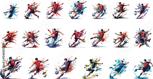 soccer player, football player kicking with colorful splashes, set vector illustration