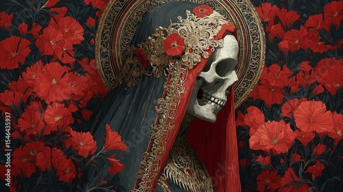 A profile portrait of a skeleton figure representing Santa Muerte or a death goddess, with an ornate headdress and veil against a background of red poppies