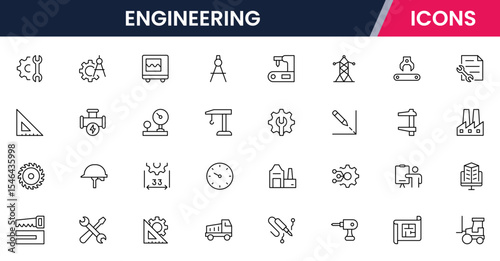 Vector illustration web line icon collection for engineering tools, blueprints, gears, and technical symbols in a precise, modern, and innovative design style.