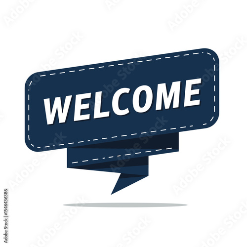 Horizontal retro ribbon with pointed tails and the word "WELCOME" in bold white uppercase letters. Dark navy color with grainy chalk-like texture, vintage signage style