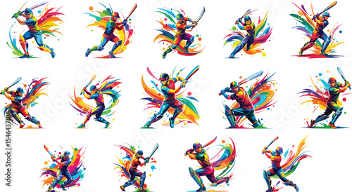 cricket player, batsman hitting with colorful splashes, set vector illustration