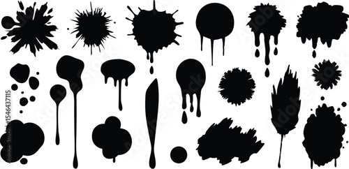 Black ink blotches splatters drips isolated on white