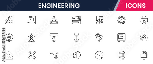 Vector illustration web line icon collection for engineering tools, blueprints, gears, and technical symbols in a precise, modern, and innovative design style.