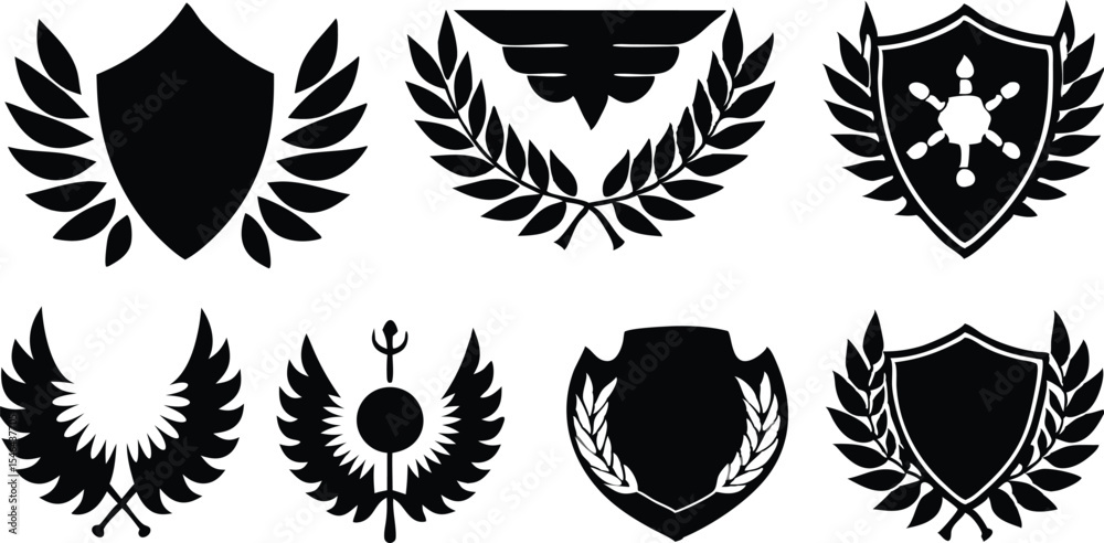 Fototapeta premium Elegant Shield Designs Featuring Wings and Emblems for Branding