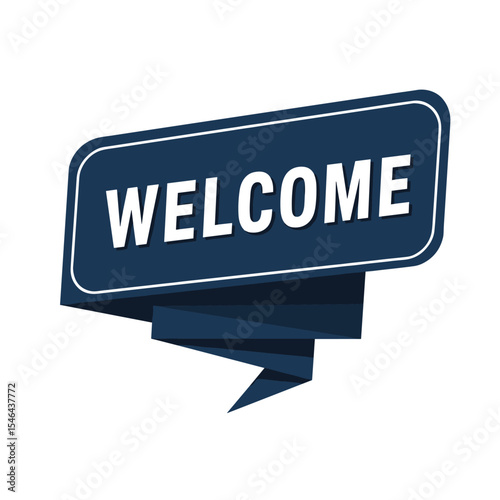 Horizontal retro ribbon with pointed tails and the word "WELCOME" in bold white uppercase letters. Dark navy color with grainy chalk-like texture, vintage signage style