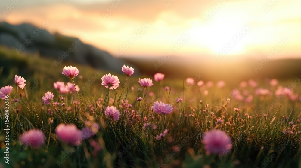 Obraz premium A serene landscape showcasing delicate pink flowers bathed in golden sunset light, evoking feelings of tranquility, beauty, and the gentle transition of day into night.