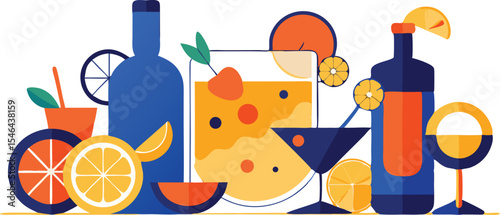 Cocktail and drinks illustration with citrus and bottles