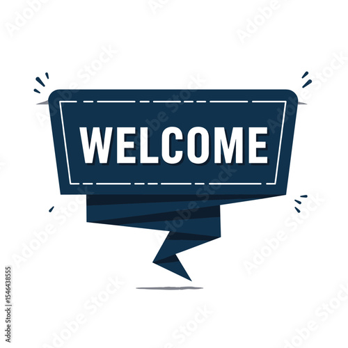 Horizontal retro ribbon with pointed tails and the word "WELCOME" in bold white uppercase letters. Dark navy color with grainy chalk-like texture, vintage signage style