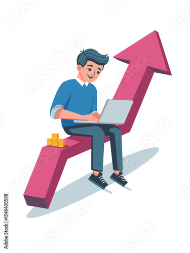 Male trader sitting on arrow, cartoon vector. Suitable for social media
