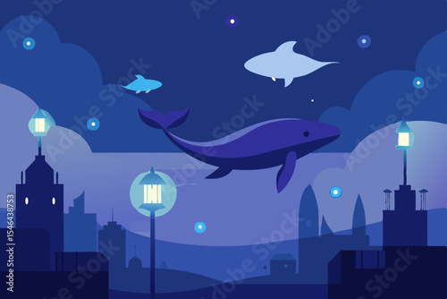night city with moon and stars
