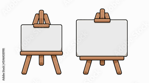 Two cartoon art easels with blank white canvases on a transparent background
