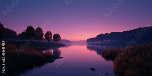 A beautiful and peaceful landscape of a calm lake reflecting a stunning purple and pink sunset sky. Perfect for wallpaper and relaxation themes