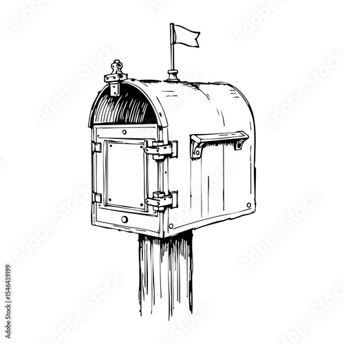 A rustic hand drawn illustration of a vintage mailbox with a small flag, detailed in black outline on a white background