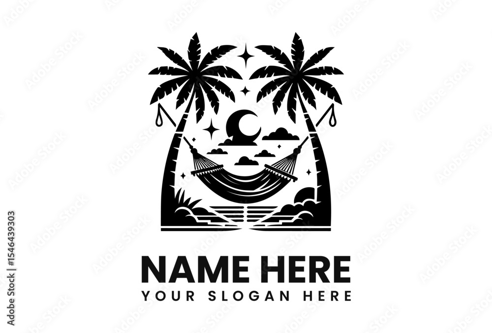 Naklejka premium Black and white illustration of palm trees framing a hammock under a night sky.