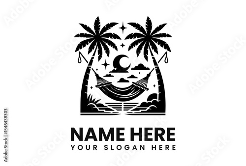 Black and white illustration of palm trees framing a hammock under a night sky.