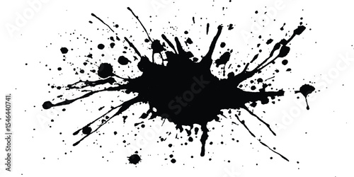 Black ink Splatter black paint ink brush strokes isolated white background. Vibrant ink splat on white background. Black splatter of paint on a white background.