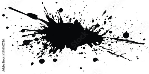 Black ink Splatter black paint ink brush strokes isolated white background. Vibrant ink splat on white background. Black splatter of paint on a white background.